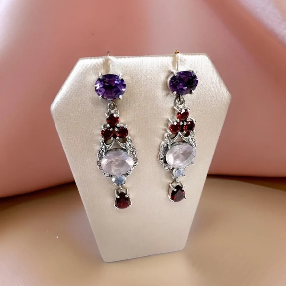 🌟NICKY BUTLER 925 Sterling Silver Rose Quartz Garnet Moonstone Drop Earr… - Picture 2 of 11